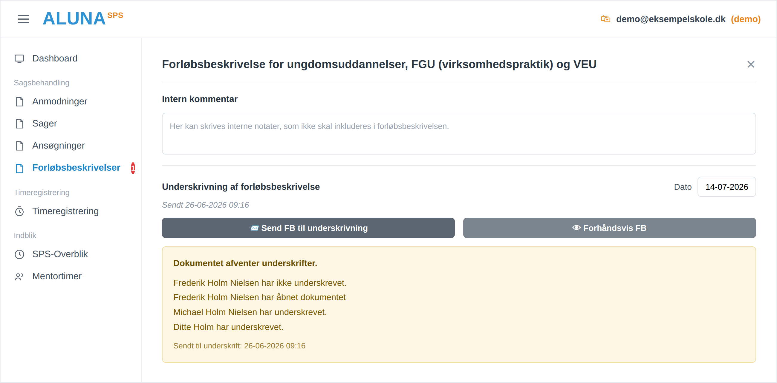 Digital underskrift af forløbsbeskrivelsen med status for hver part