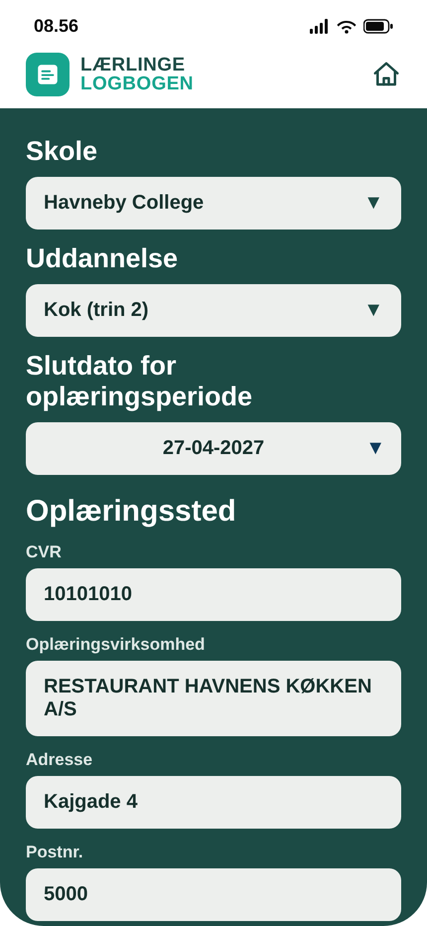 Formular der kobler en oplæringserklæring til skole, uddannelse og oplæringssted