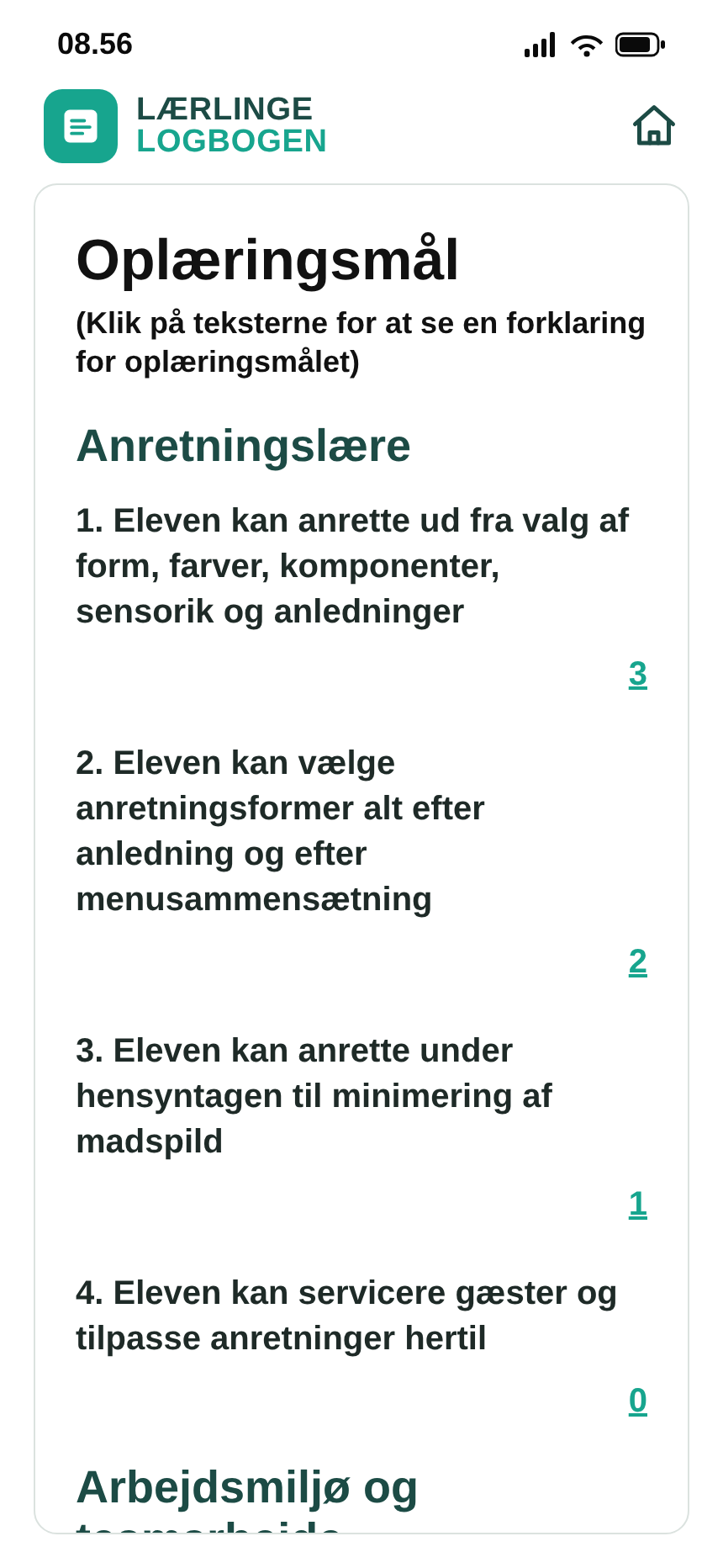 Oplæringsmål delt op efter fagområde med en status for hvert mål