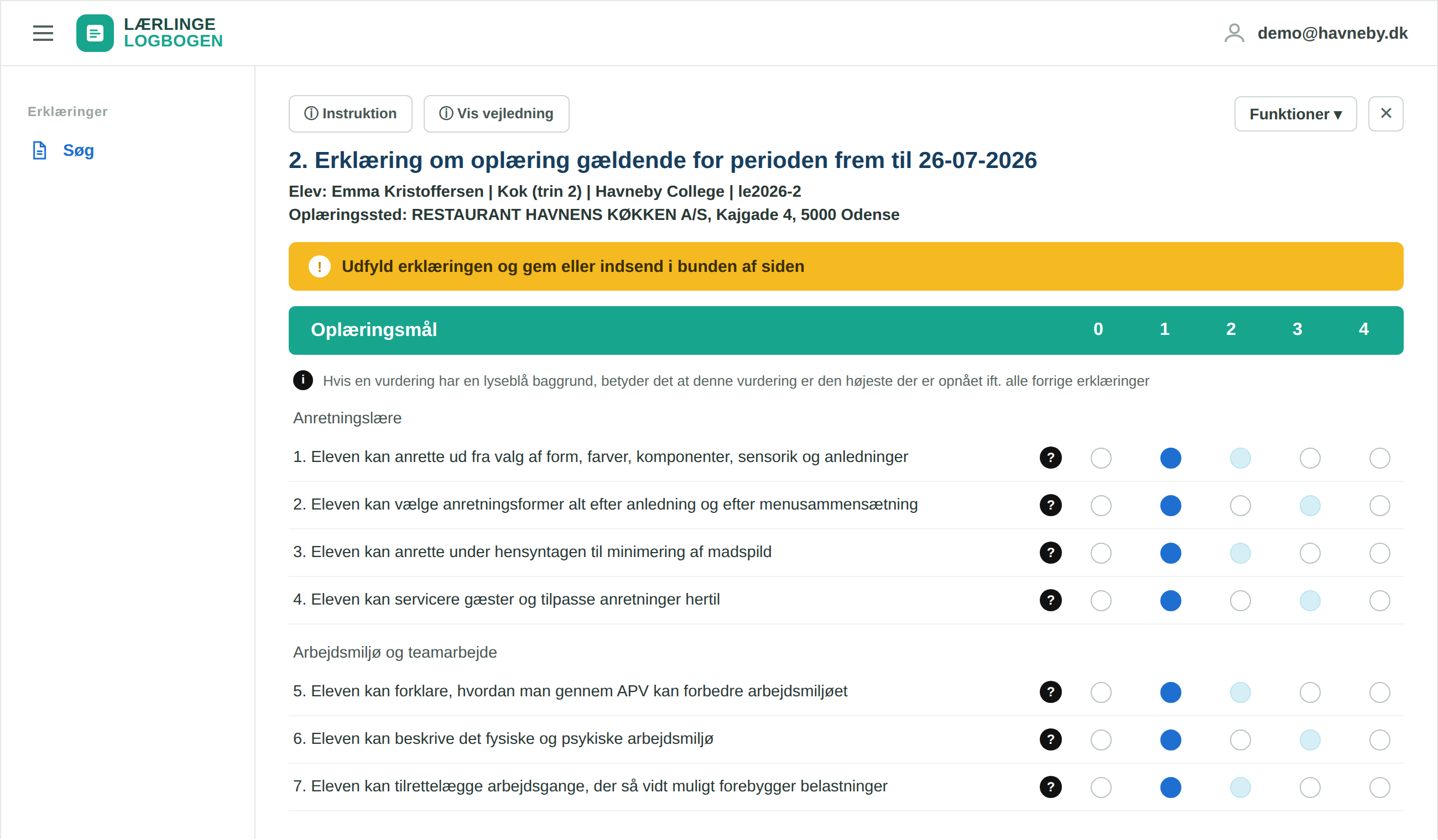 Vurdering af hvert oplæringsmål i portalen på en skala fra 0 til 4