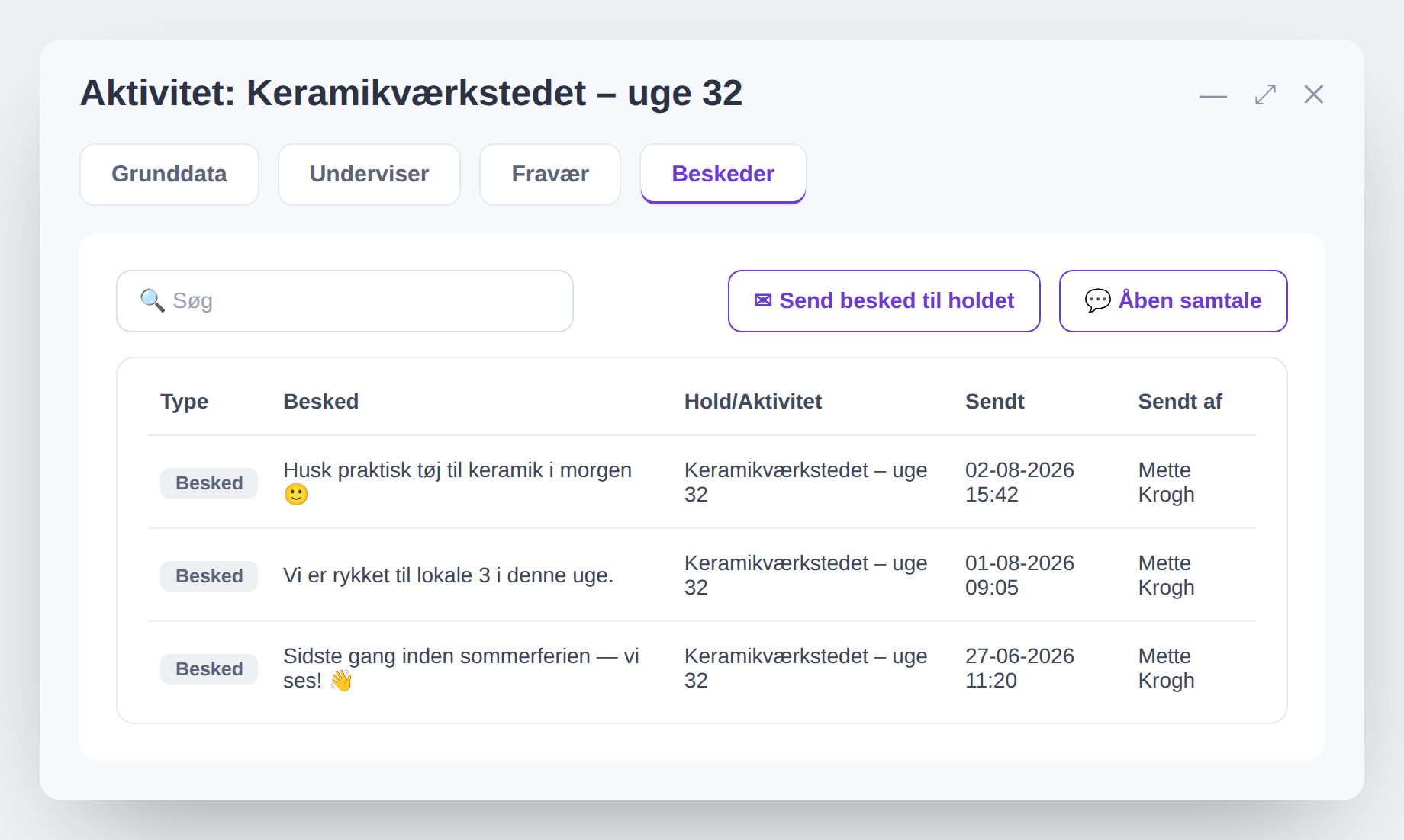 Beskeder sendt til et hold i Klara