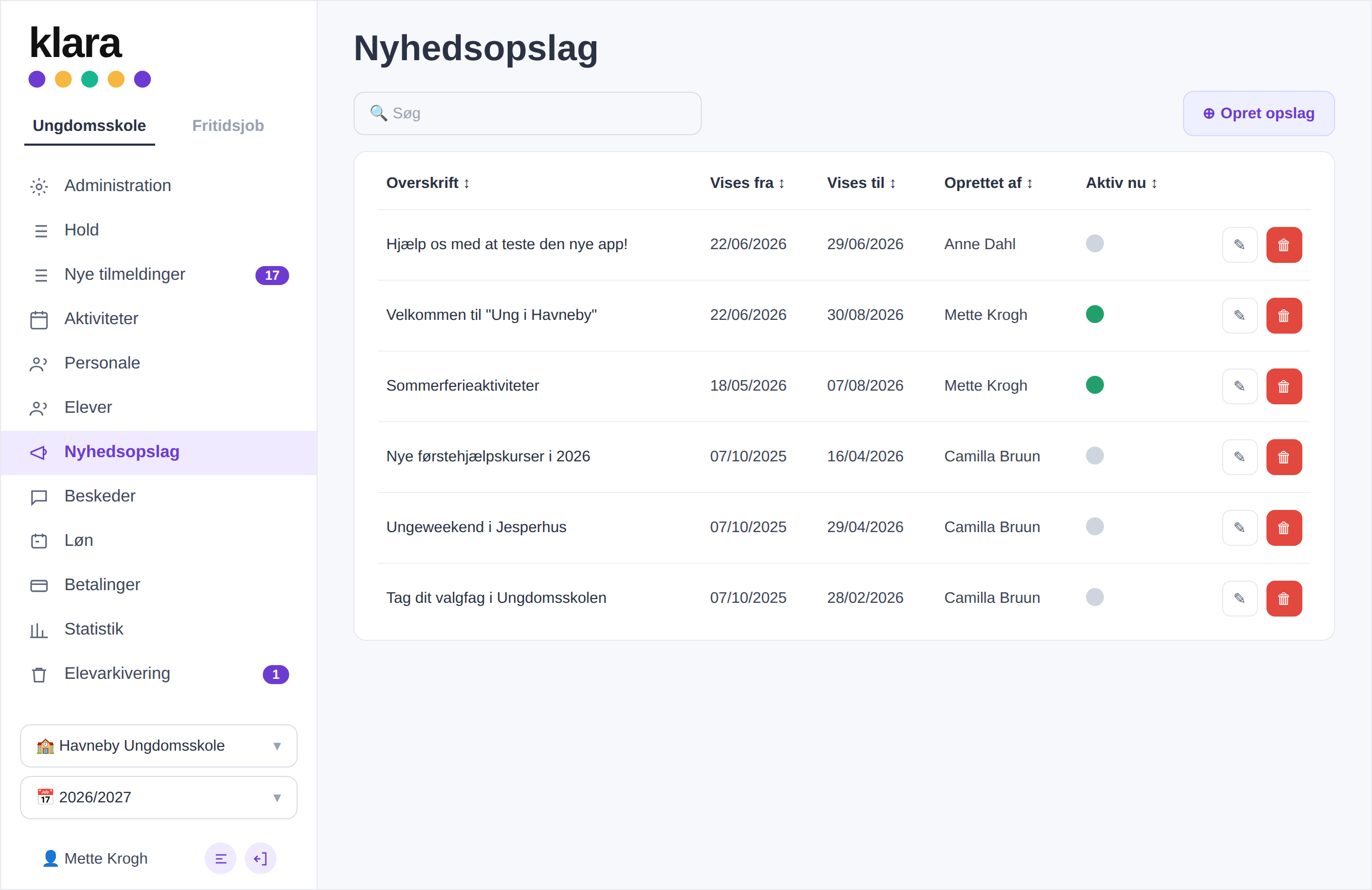 Nyhedsopslag i Klara med visningsperiode
